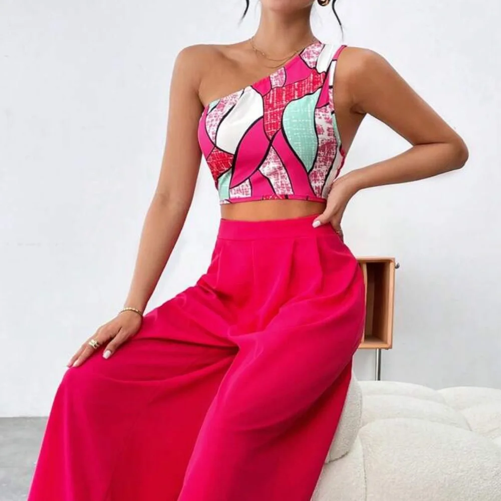 Frenchy Color Block One-Shoulder Slim Fit Top And Loose Wide Leg Pants